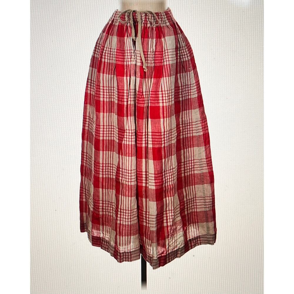 ICHI ANTIQUITES OS S M L Red Beige Big Plaid Linen Midi Skirt